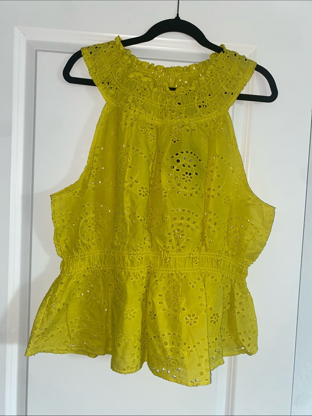 Marc New York Bright Yellow Eyelet Ruffle Neck Peplum Top